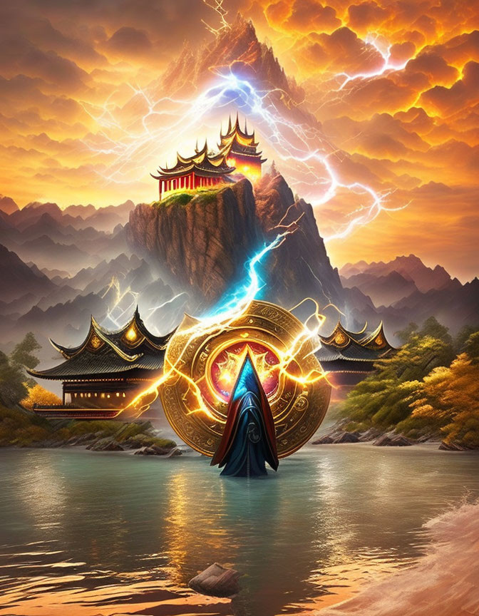 Robed figure in mystical Asian landscape with shield and lightning storm