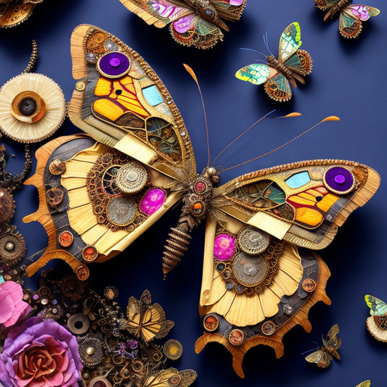 Mechanical gear and jewel butterfly artwork among flowers on dark backdrop