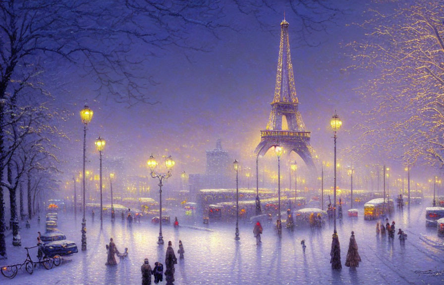 Snowy Evening Scene: Eiffel Tower, Street Lamps, Pedestrians