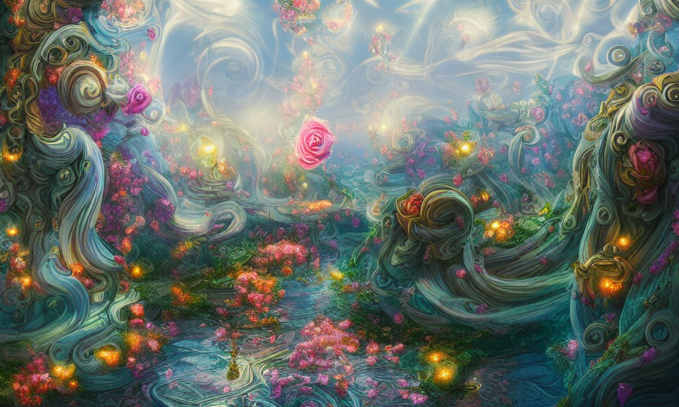 Fantastical garden with swirling patterns and luminous flowers