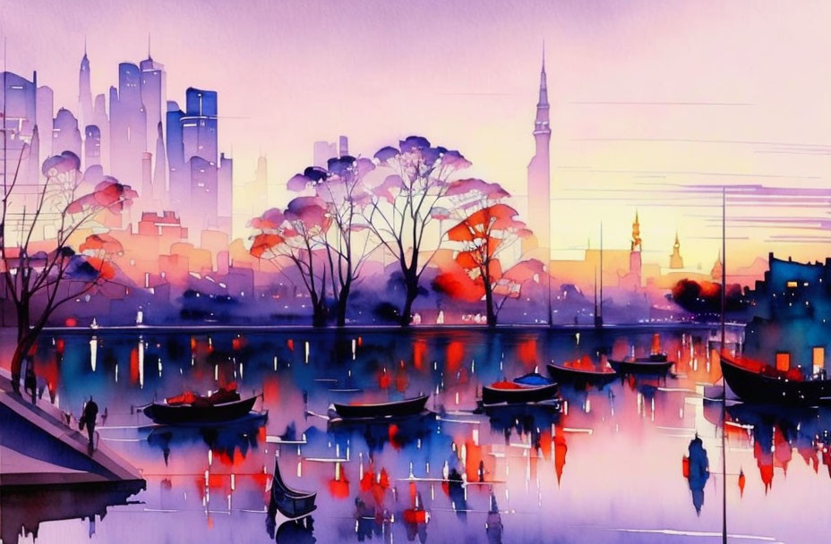 Vibrant cityscape watercolor painting at dusk with skyscrapers and boats