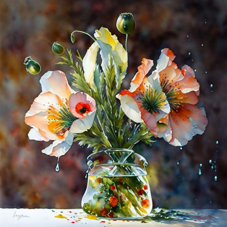 Colorful Watercolor Painting of Poppies and Flowers in Vase