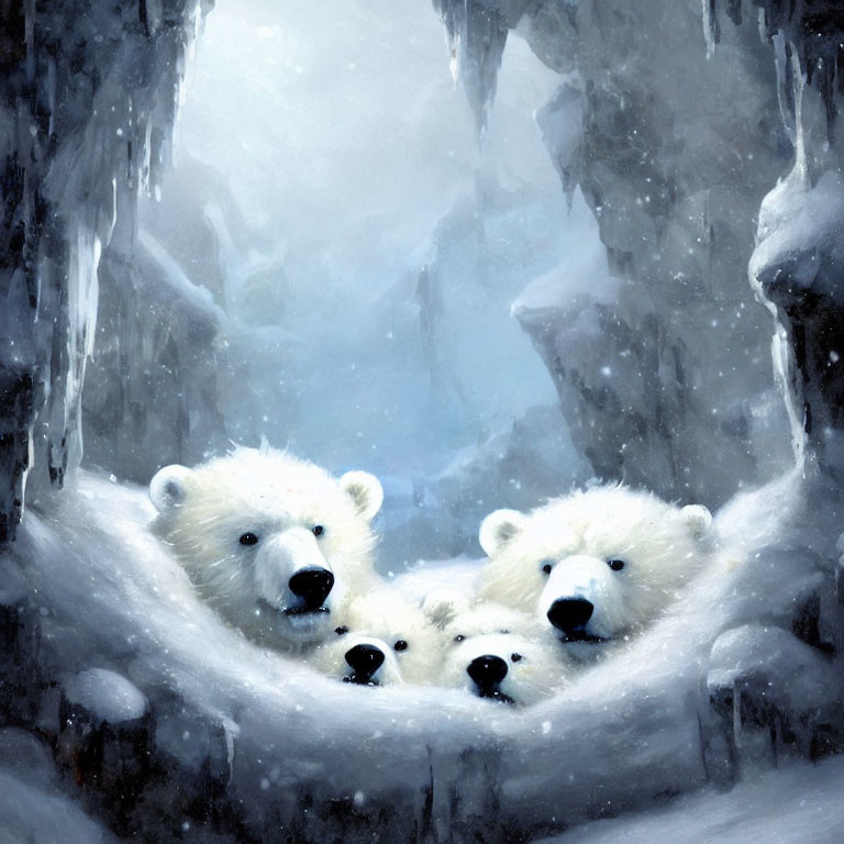 Four Polar Bears in Snowy Enclave with Icicles and Glacial Walls