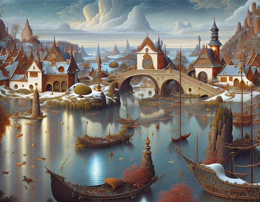 Medieval fantasy landscape with arched bridges, river, boats, and icy mountains at twilight