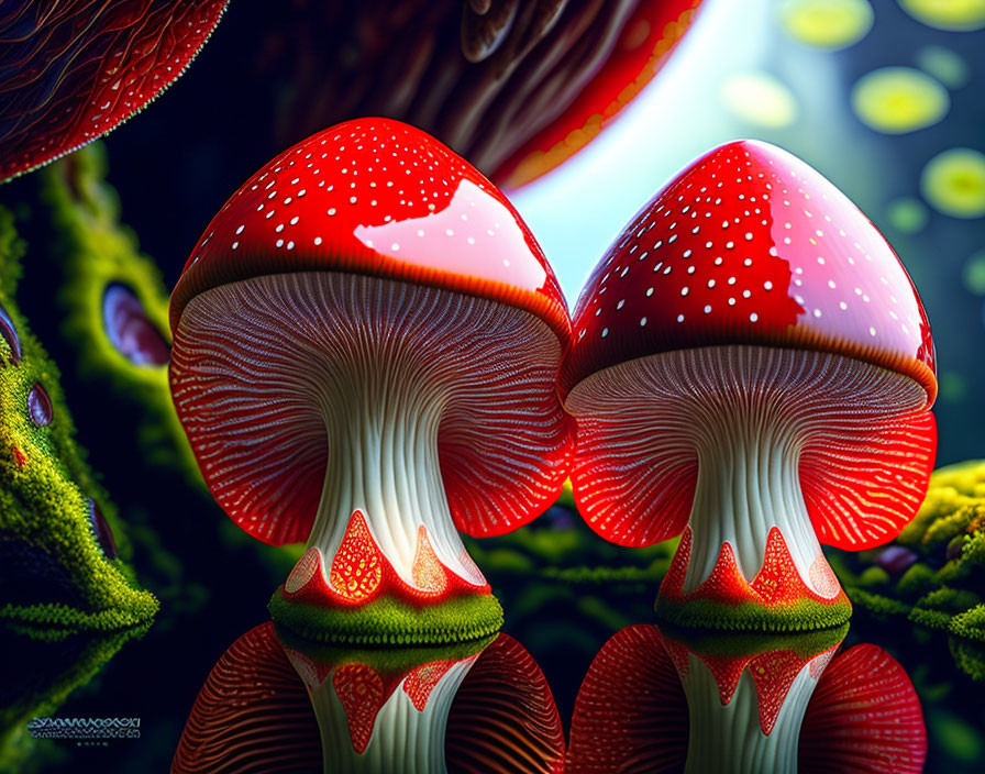 Vibrant red and white spotted mushrooms in surreal botanical setting