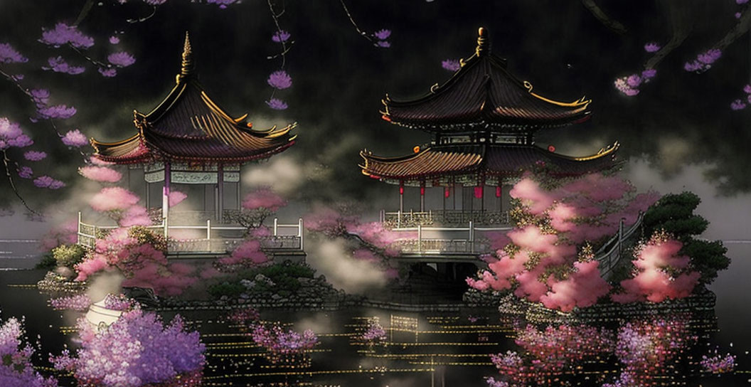 Asian Pagodas and Cherry Blossoms Night Scene with Pond Reflections