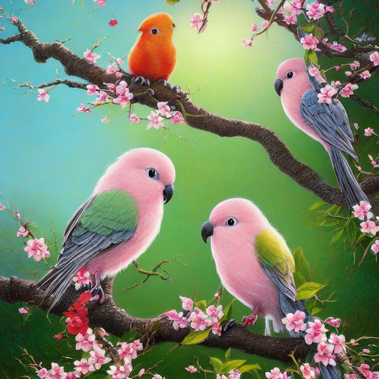 Colorful Parrots on Blooming Branch with Pink Flowers and Green Background