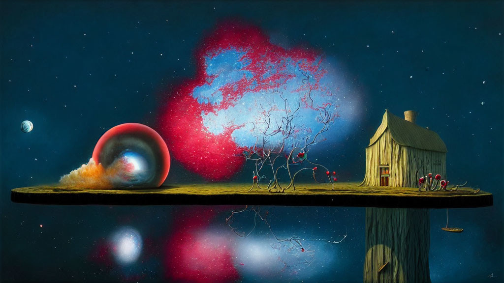 Surreal floating island with wooden house, red spheres, nebula sky, and transparent orb landscape