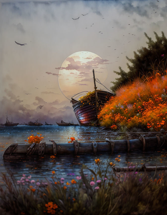 Tranquil riverbank scene with old wooden boat, blooming flowers, full moon, and flying