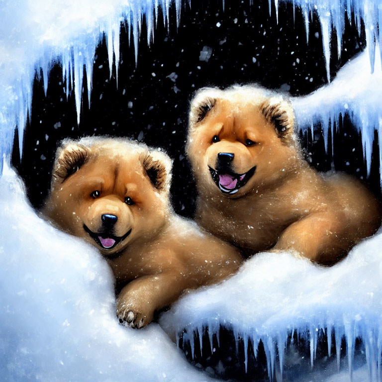 Brown Bear Cubs Lying in Snow with Icicles Background