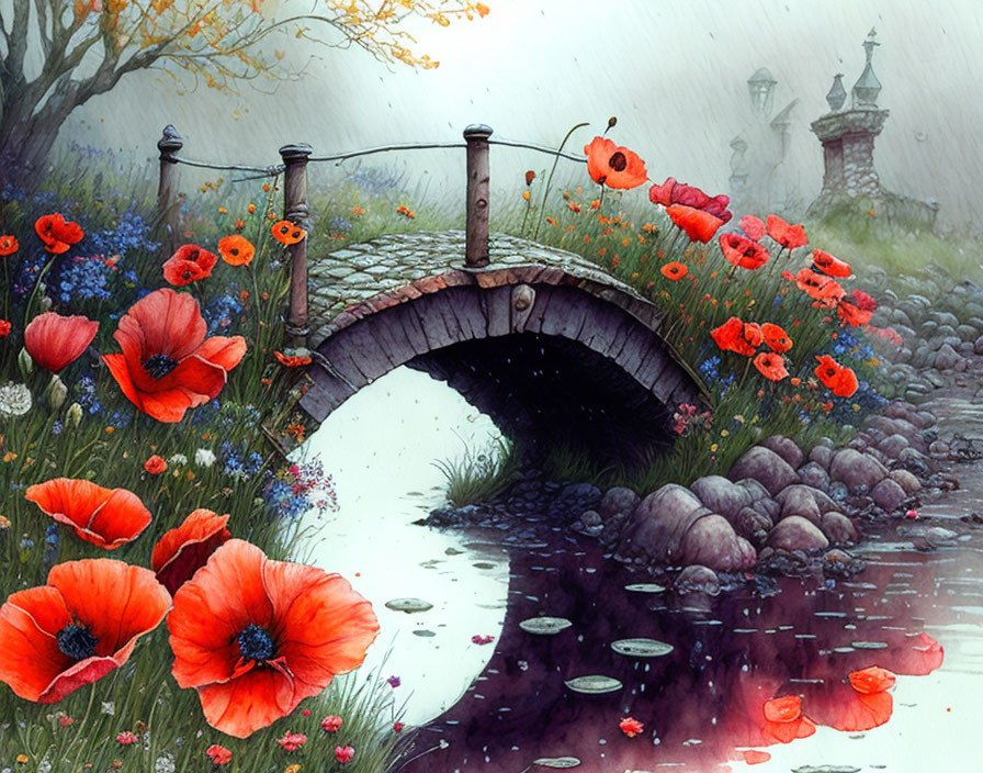 Stone bridge and red poppies in misty landscape with cobblestone path and stone towers