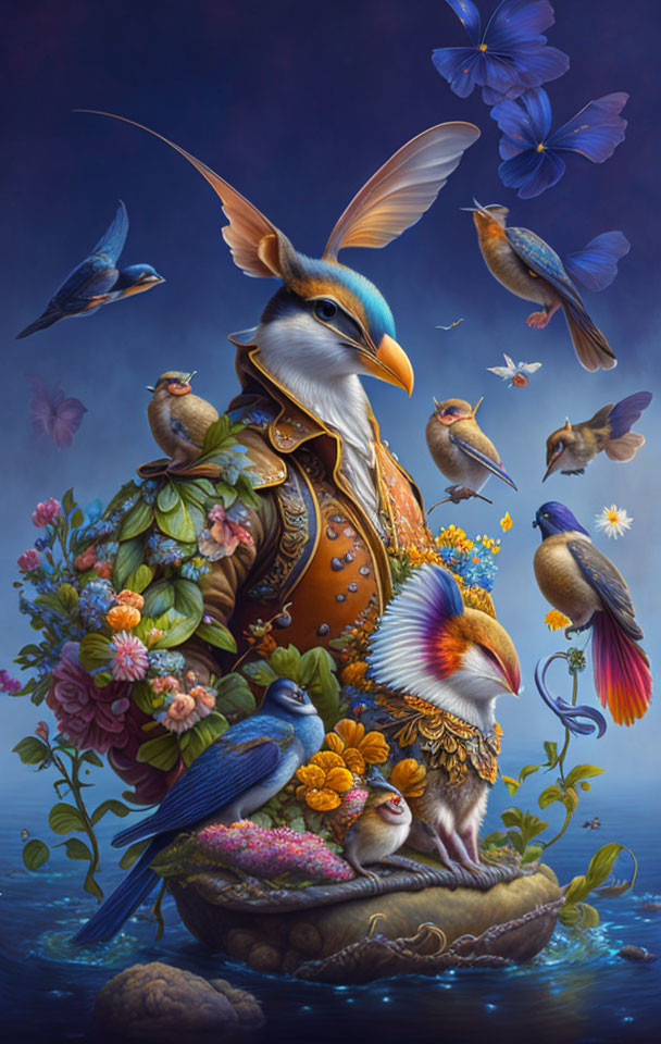 Colorful Bird Creature in Detailed Armor Surrounded by Birds and Butterflies