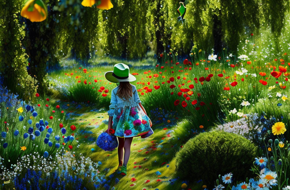 Young girl in floral dress walks through whimsical garden with oversized flowers