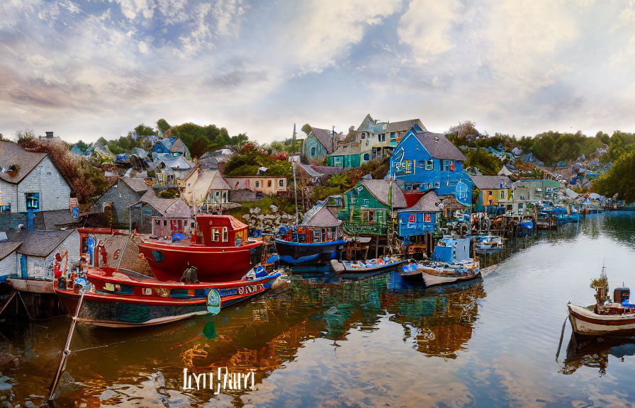 Tranquil harbor with colorful houses, boats, and dusk sky