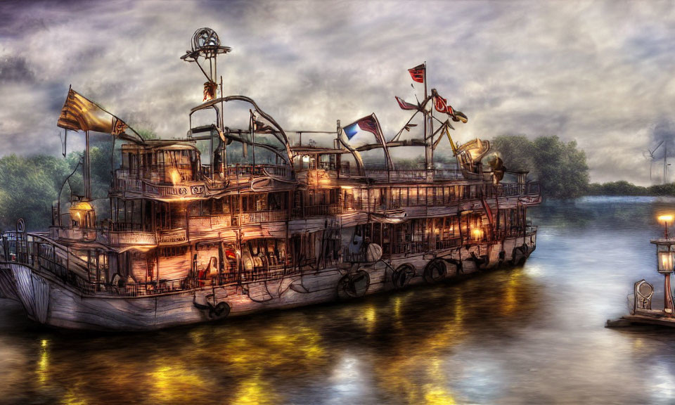 Vintage paddle steamer docked at night with glowing lights and waving flags