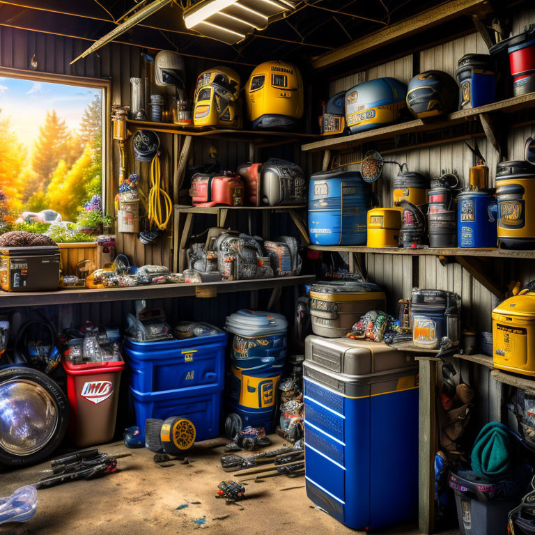 Cluttered Garage with Tools, Containers, and Landscape View