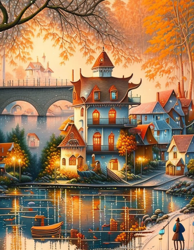 Illustration of colorful twilight village by river with treehouse, bridge, cozy houses, and person.