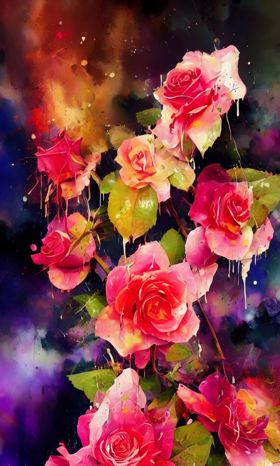 Colorful Watercolor Painting of Pink Roses on Cosmic Background