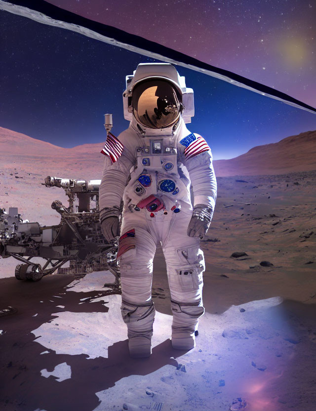 Astronaut in white spacesuit on Mars-like terrain with rover and starry sky