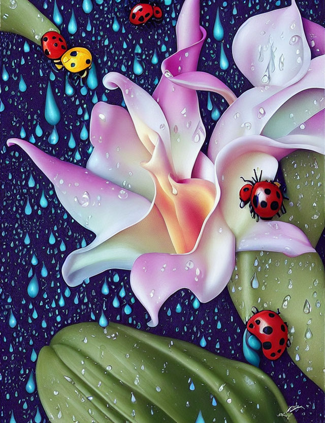 Vibrantly Colored Flowers with Ladybugs and Water Droplets