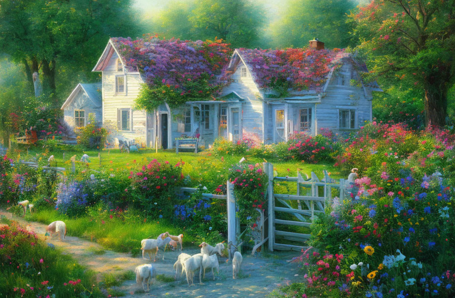 Rustic cottage with lush gardens, sheep grazing in sunlight