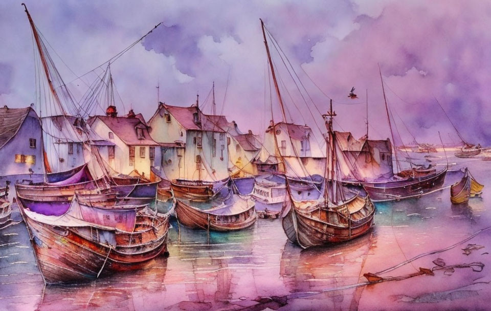 Serene harbor scene with boats and houses in colorful watercolor