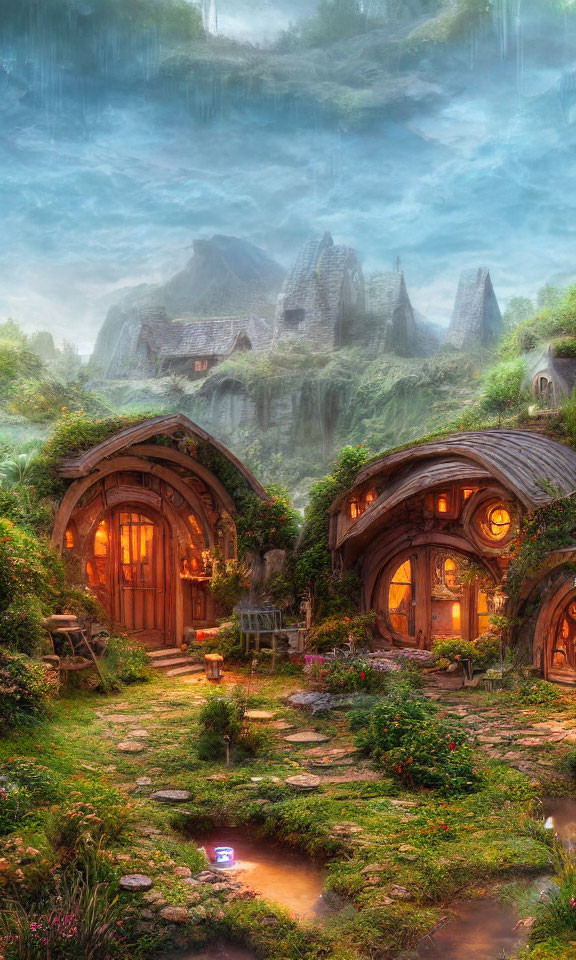 Charming Hobbit-style houses in lush green landscape