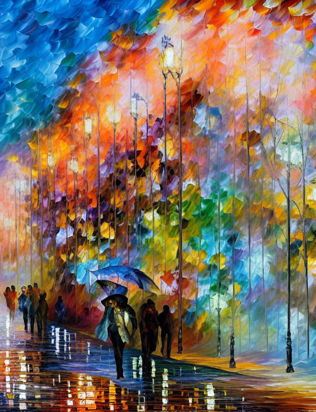 Vivid Impressionist Painting: People with Umbrellas on Wet Street