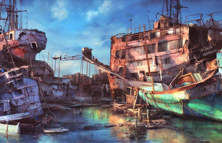 Abandoned ships in a post-apocalyptic harbor scene