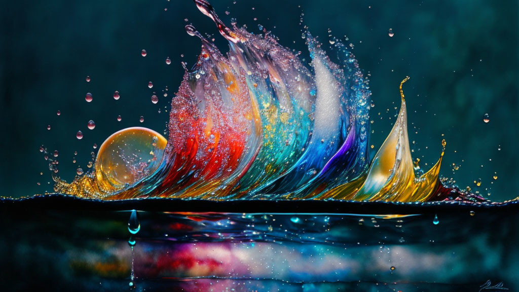 Colorful liquid droplets and waves on muted background: Rainbow spectrum display