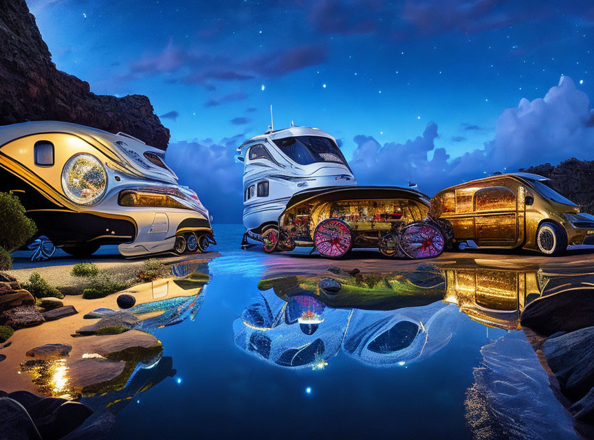 Futuristic RVs by Reflecting Pool Under Starry Sky