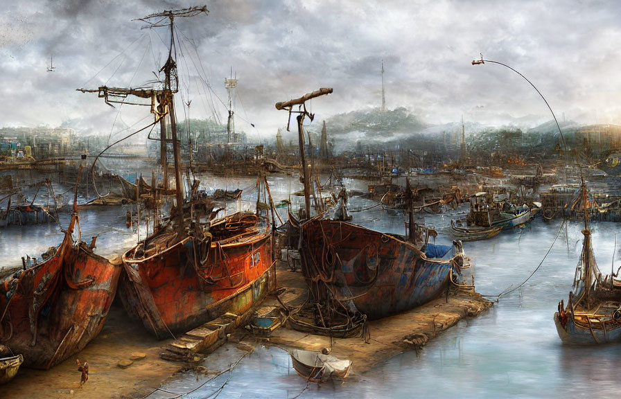 Rusty shipyard with old boats under hazy sky