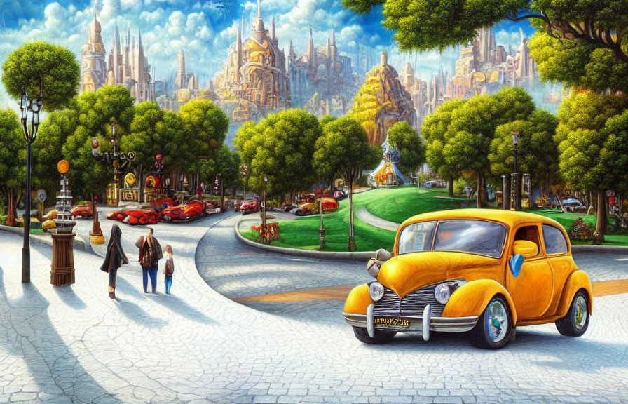 Colorful street scene with vintage car, pedestrians, and imaginative cityscape.