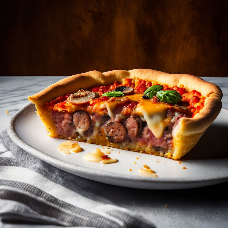 Deep-Dish Pizza Slice with Sausage, Cheese, and Basil on White Plate