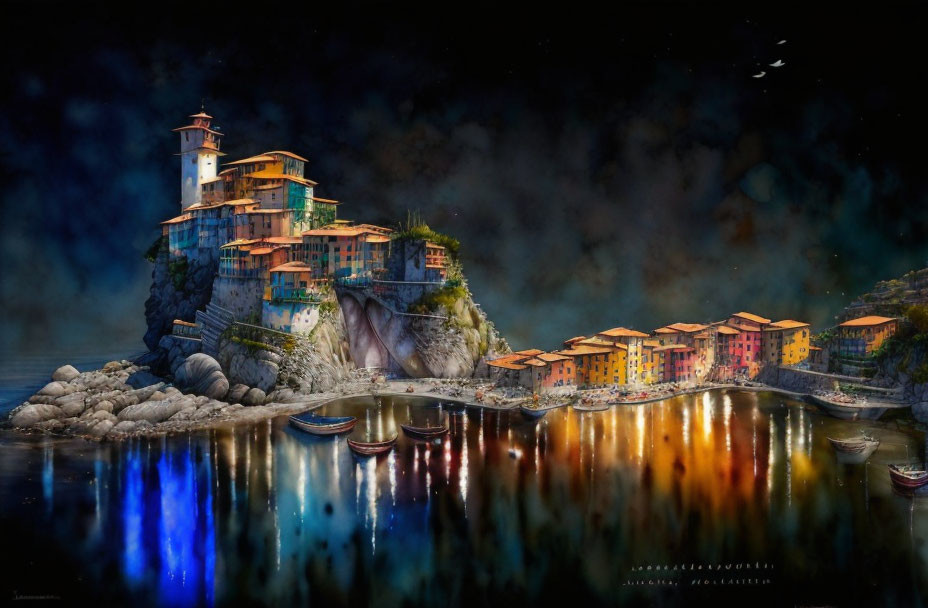 Cliffside village at night with illuminated buildings, boats, and starry sky
