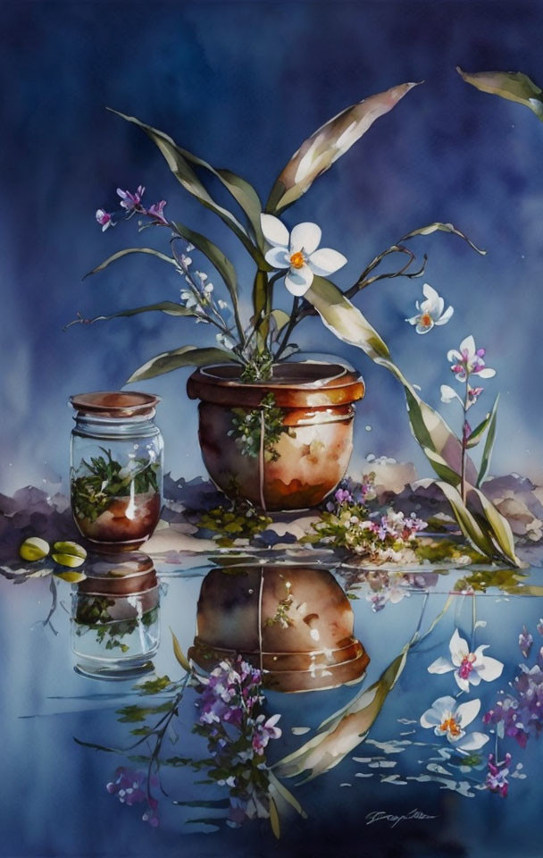 Still life watercolor painting of clay pot, glass jar, flowers, and plants reflected on water surface