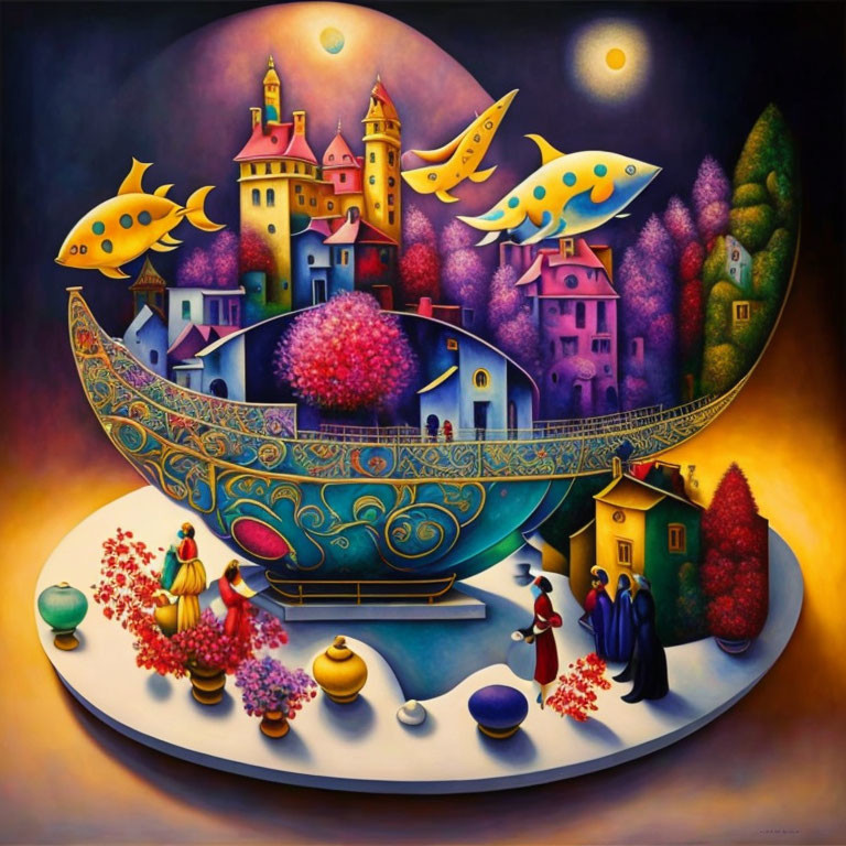 Whimsical painting of boat, castles, flying fish, and dreamlike landscape