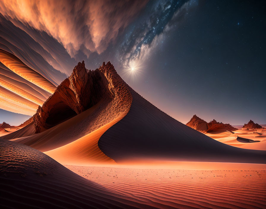 Dramatic desert sunset with sand dunes and bright star