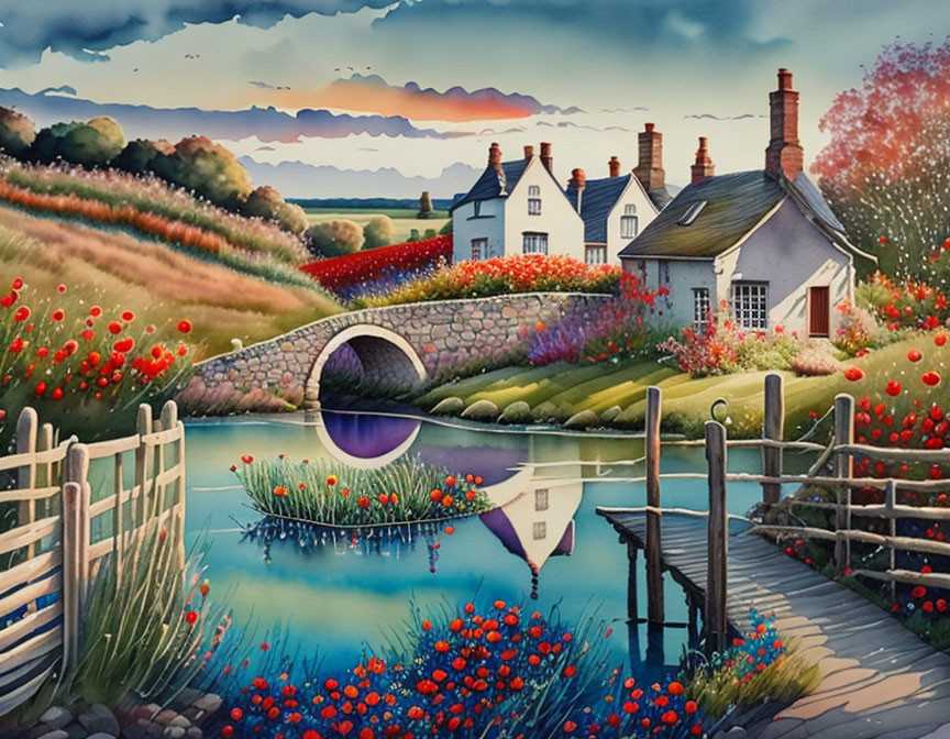 Idyllic countryside scene with stone bridge, river, flowers, cottages, hills, sunset sky