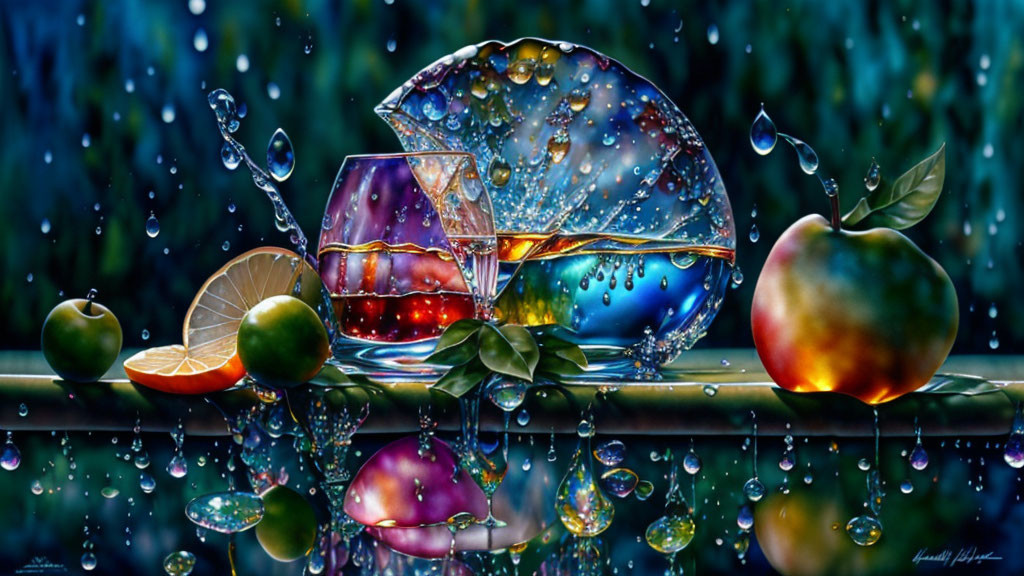 Colorful Still-Life Image: Whiskey Glass, Lime, Apple, Water Droplets