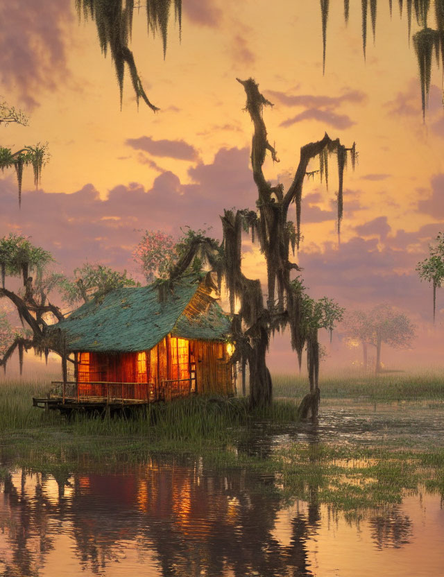 Cozy illuminated wooden cabin in swamp at twilight