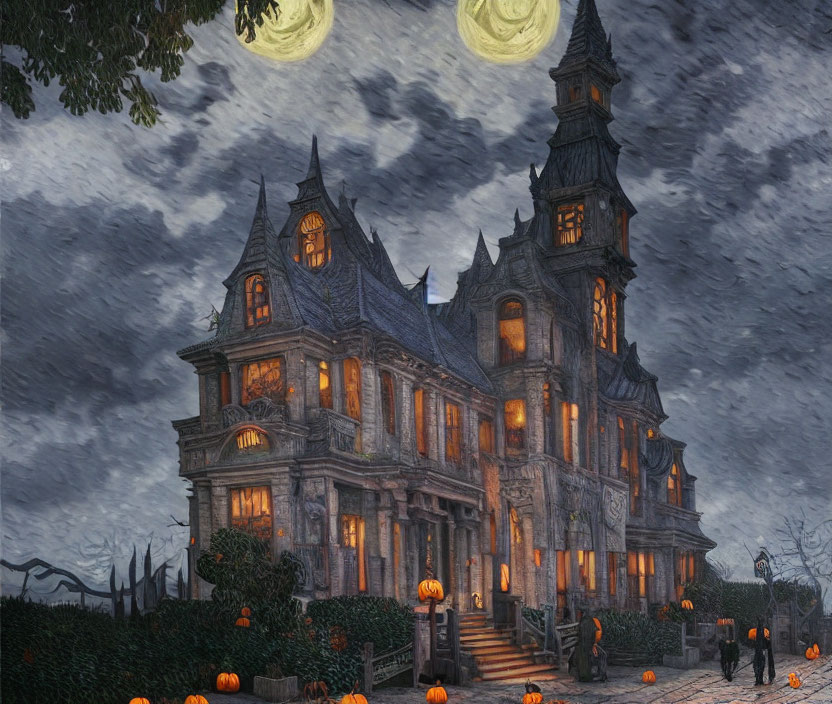 Victorian Mansion Halloween Night with Glowing Pumpkins and Double Moon