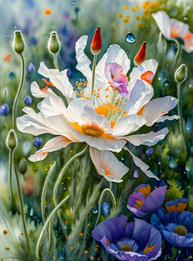 Colorful floral painting with white poppy and water droplets