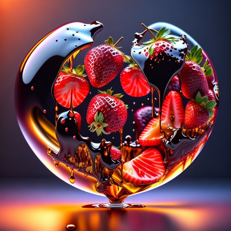 Surreal image of strawberries and chocolate in reflective sphere