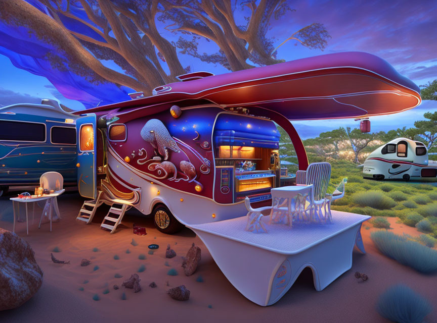 Vibrant blue food truck with octopus art in desert twilight landscape