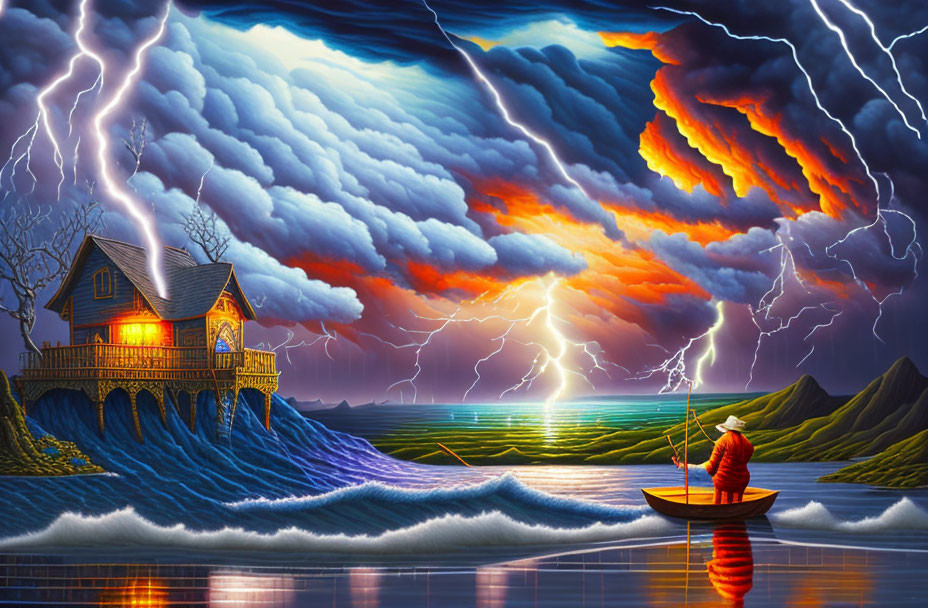 Fishing in small boat on stormy sea with vibrant house on stilts