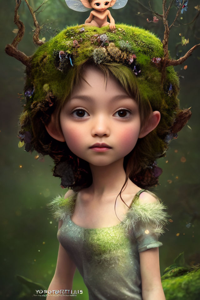 Childlike creature with pointed ears and fairy on moss-covered hat