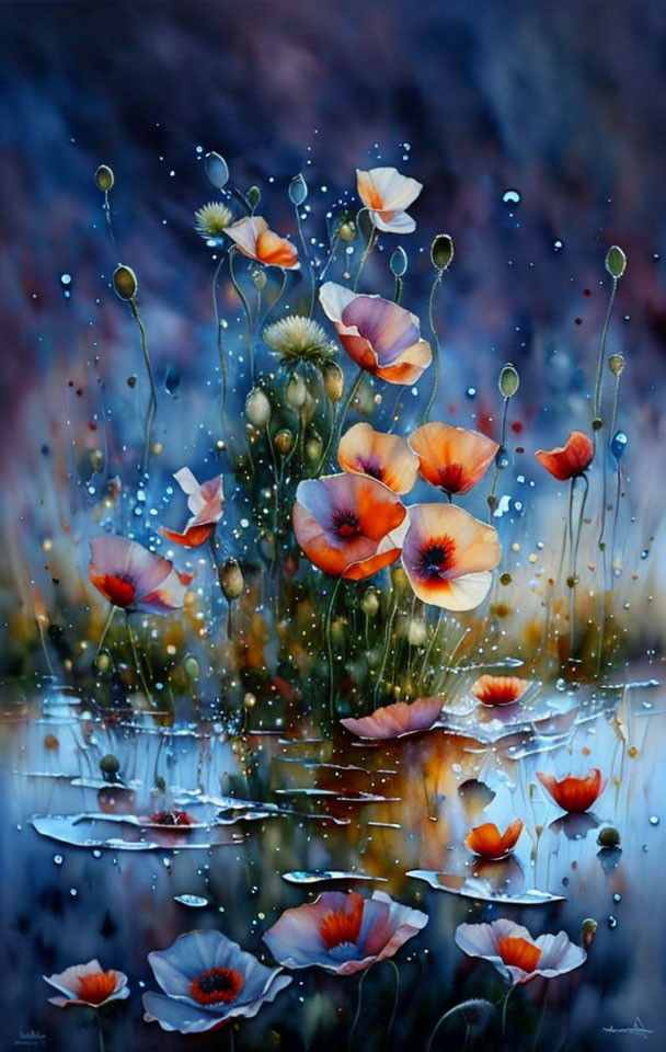 Tranquil painting of red and white poppies reflected in water