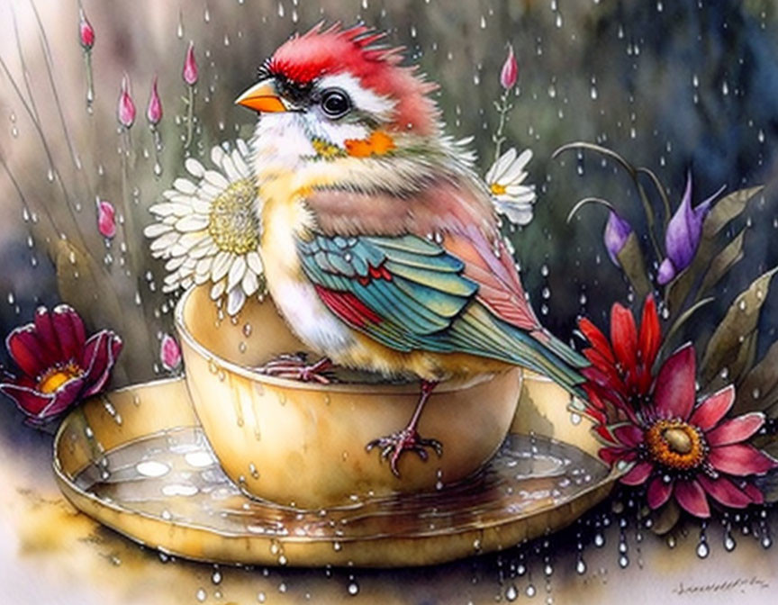 Colorful bird with red crest perched on bowl in rainy, floral scene