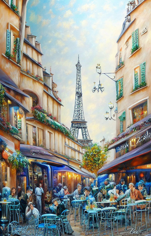 Colorful Parisian Street Scene with Outdoor Café and Eiffel Tower View